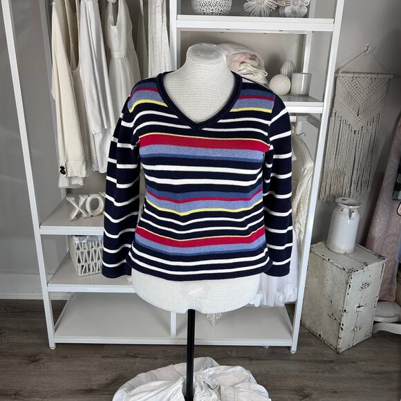 Crazy Horse Sweaters - Crazy Horse Women's Size L Blue Striped V Neck Sweater #3374